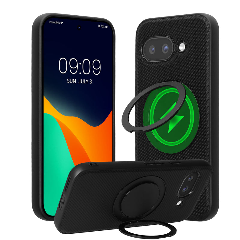 kwmobile Hülle für Google Pixel 9a Handyhülle - Case kompatibel mit MagSafe - Cover mit Ringständer - Carbon Look