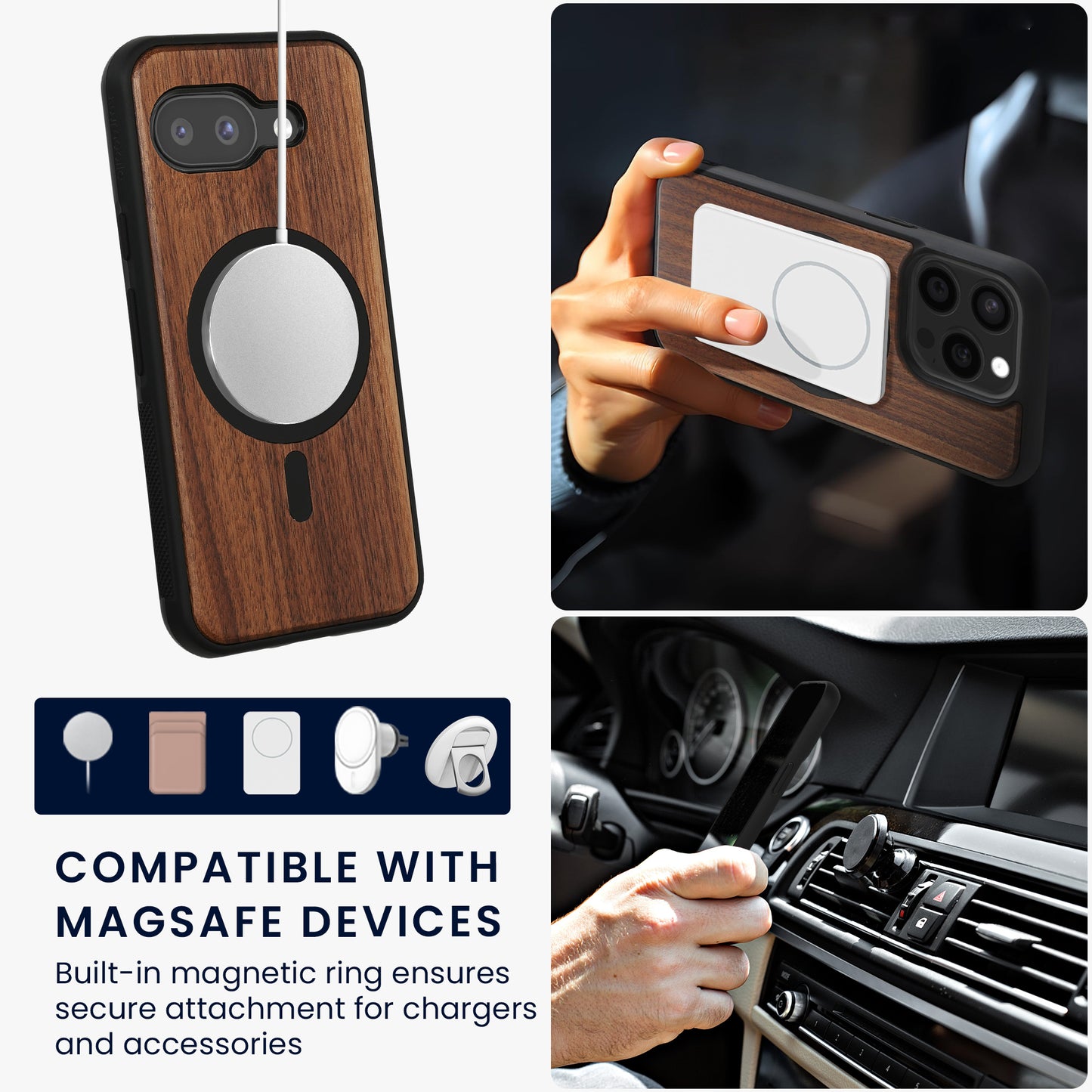 kwmobile Hülle für Google Pixel 9a Handyhülle - Cover aus und TPU - Kompatibel mit MagSafe - Case in Holz