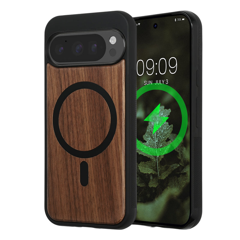 kwmobile Hülle für Google Pixel 9 / Pixel 9 Pro Handyhülle - Cover aus Holz und TPU - Kompatibel mit MagSafe - Case in Dunkelbraun Holz Dunkelbraun  [dsg01]