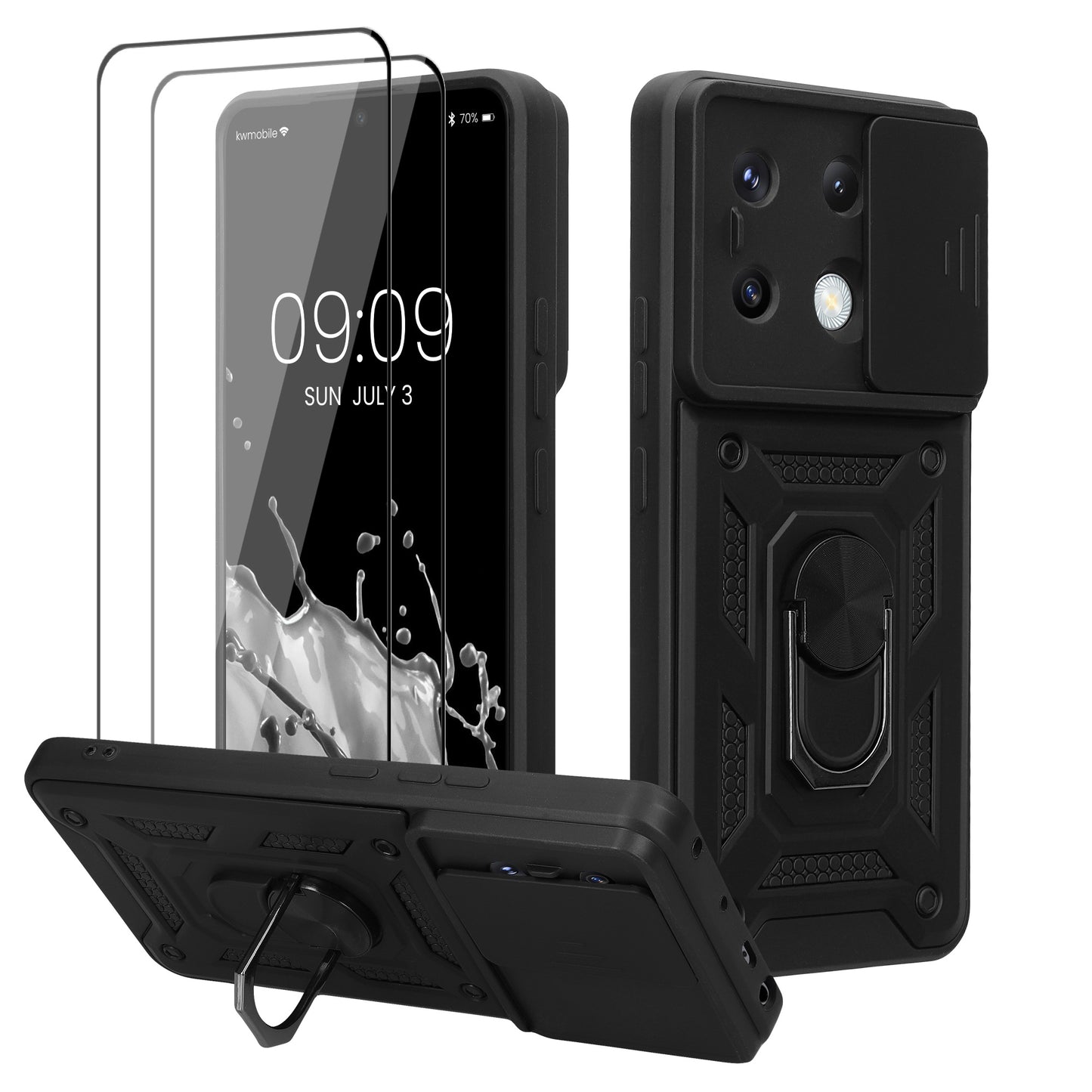 kwmobile Hülle für Xiaomi Redmi Note 13 Pro 5G / Poco X6 5G Case – Handyhülle mit 2 Schutzfolien – Kameraabdeckung und Ringhalter – Robustes Cover