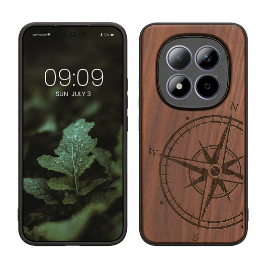 kwmobile Hülle kompatibel mit Xiaomi Redmi Note 15 Pro+ 5G / Poco M8 Pro 5G Hülle - Holz Case - Handy Cover - TPU Handyhülle in Dunkelbraun Kompass Vintage Dunkelbraun  [dsg01]