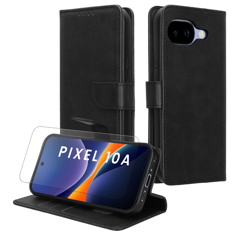 kwmobile Kunstleder Handyhülle kompatibel mit Google Pixel 10a Hülle - Brieftaschen Schutzhülle aus PU-Leder mit Displayschutz und RFID-Schutz - Schwarz Schwarz  