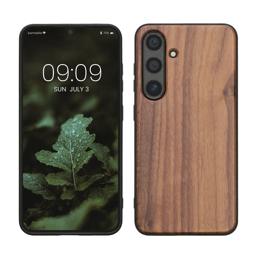 kwmobile Hülle kompatibel mit Samsung Galaxy S24 Hülle - Holz Case - stoßfestes Handy Cover - TPU Handyhülle in Dunkelbraun Dunkelbraun  