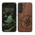 kwmobile Hülle kompatibel mit Samsung Galaxy S24 Hülle - Holz Case - Handy Cover - TPU Handyhülle in Dunkelbraun Kompass Vintage Dunkelbraun  [dsg01]