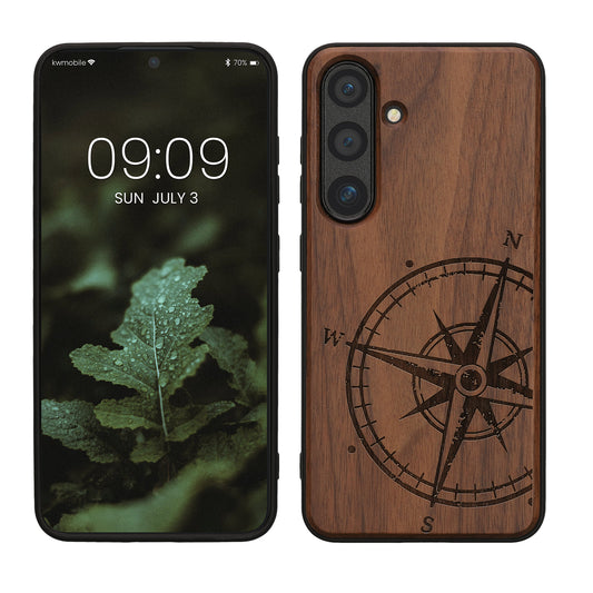 kwmobile Hülle kompatibel mit Samsung Galaxy S24 Hülle - Holz Case - Handy Cover - TPU Handyhülle in Dunkelbraun Kompass Vintage Dunkelbraun  [dsg01]