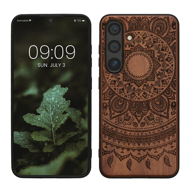 kwmobile Hülle kompatibel mit Samsung Galaxy S24 Hülle - Holz Case - Handy Cover - TPU Handyhülle in Dunkelbraun Indische Sonne Dunkelbraun  [dsg02]