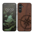 kwmobile Hülle kompatibel mit Samsung Galaxy S23 FE Hülle - Holz Case - Handy Cover - TPU Handyhülle in Dunkelbraun Kompass Vintage Dunkelbraun  [dsg01]