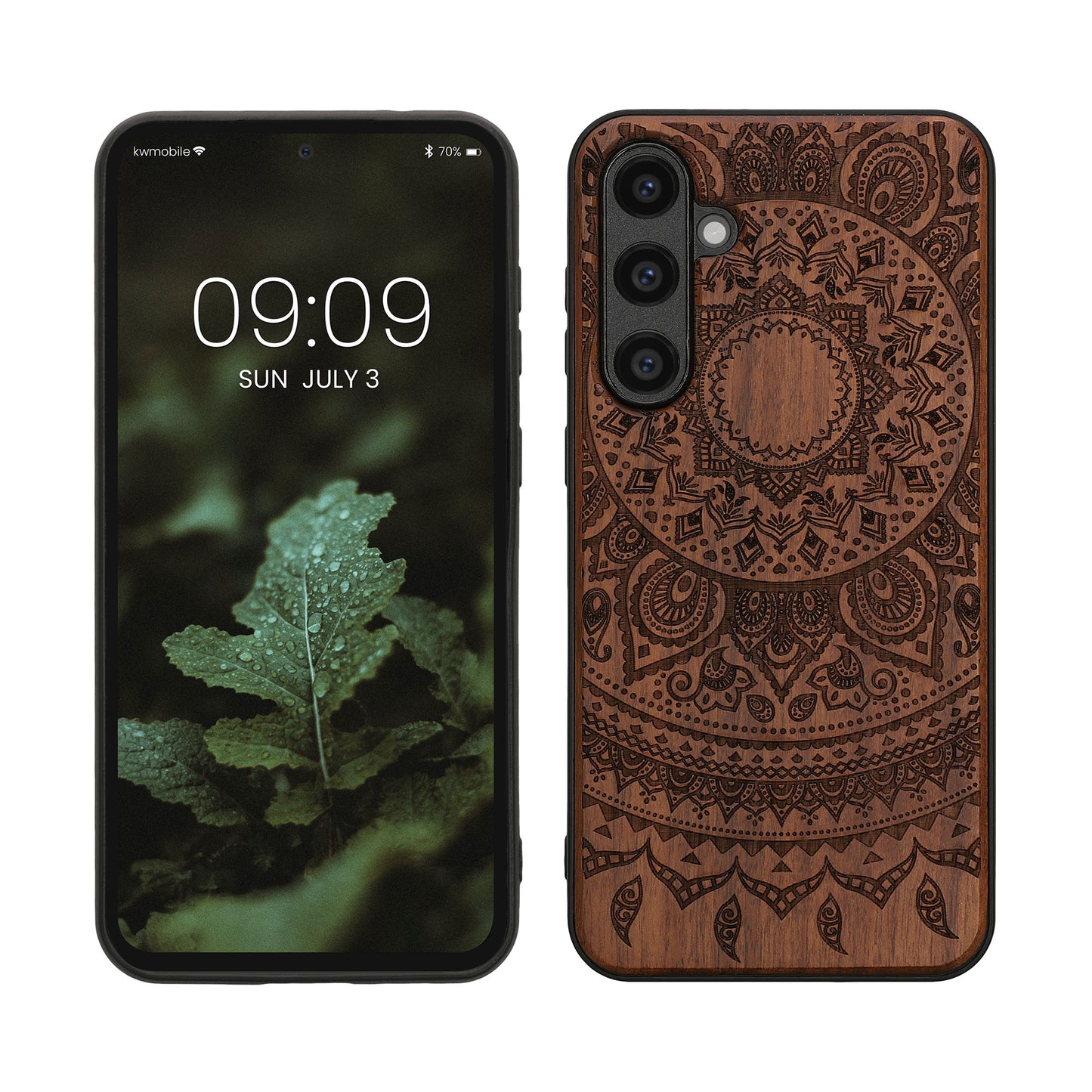 kwmobile Hülle kompatibel mit Samsung Galaxy S23 FE Hülle - Holz Case - Handy Cover - TPU Handyhülle in Dunkelbraun Indische Sonne Dunkelbraun  [dsg02]