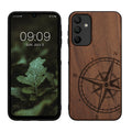 kwmobile Hülle kompatibel mit Samsung Galaxy A15 5G Hülle - Holz Case - Handy Cover - TPU Handyhülle in Dunkelbraun Kompass Vintage Dunkelbraun  [dsg01]