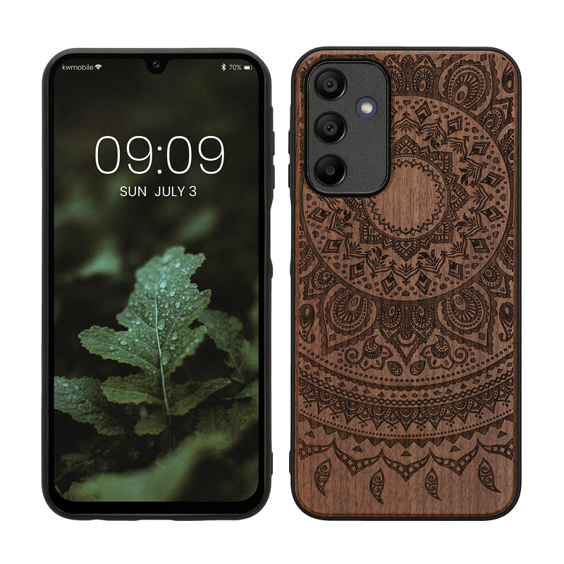 kwmobile Hülle kompatibel mit Samsung Galaxy A15 5G Hülle - Holz Case - Handy Cover - TPU Handyhülle in Dunkelbraun Indische Sonne Dunkelbraun  [dsg02]