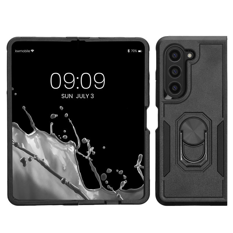 kwmobile Shockproof Hybrid Handyhülle kompatibel mit Samsung Galaxy Z Fold5 Hülle - Stoßfestes Smartphone Case mit Fingerring aus Metall - Schwarz Schwarz  