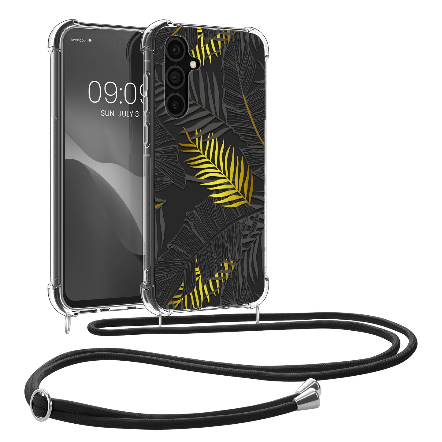 kwmobile Necklace Case kompatibel mit Samsung Galaxy A35 Hülle - Silikon Cover mit Handykette - Gelb Grau Transparent Dschungel Gelb  [dsg02]