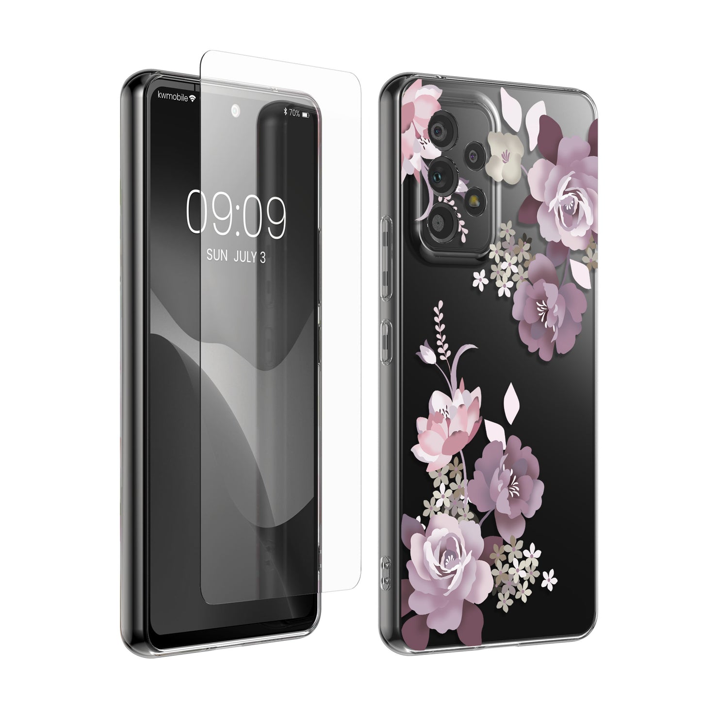 kwmobile Hülle kompatibel mit Samsung Galaxy A53 5G Handyhülle - Silikon Case transparent - Mit Glas Schutzfolie - Blumenblüten und Rosen Pastelllila Transparent Pastelllila  [dsg02]