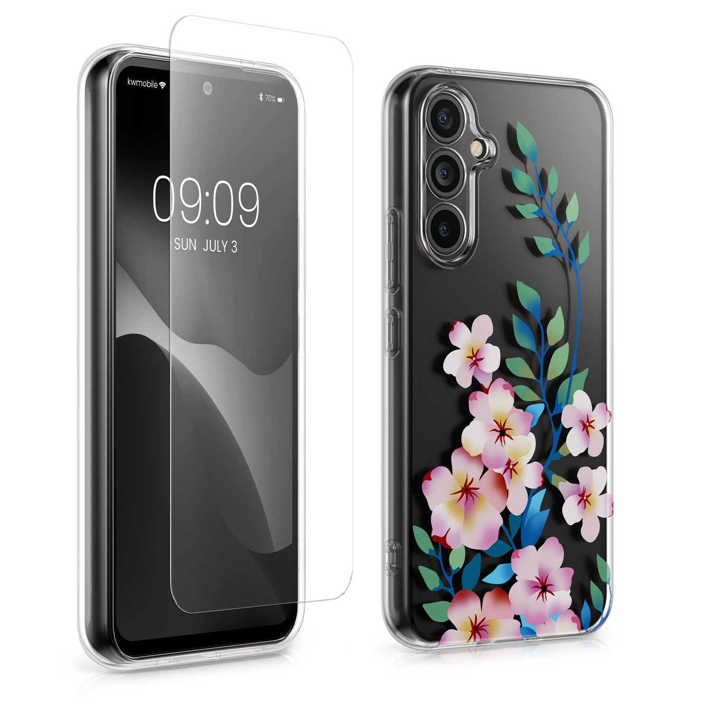 kwmobile Hülle kompatibel mit Samsung Galaxy A54 5G Handyhülle - Silikon Case transparent - Mit Glas Schutzfolie - Kirschblüten bunt Hellrosa Rosa Transparent Hellrosa  [dsg01]
