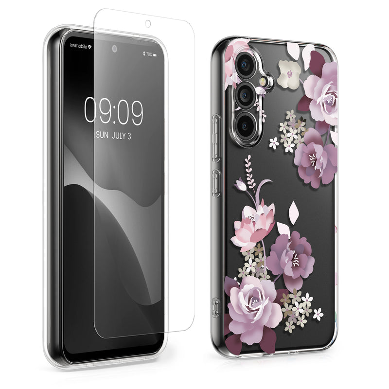 kwmobile Hülle kompatibel mit Samsung Galaxy A54 5G Handyhülle - Silikon Case transparent - Mit Glas Schutzfolie - Blumenblüten und Rosen Pastelllila Transparent Pastelllila  [dsg02]