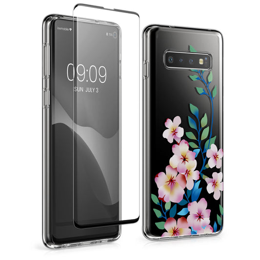kwmobile Hülle kompatibel mit Samsung Galaxy S10 Handyhülle - Silikon Case transparent - Mit Glas Schutzfolie - Kirschblüten bunt Hellrosa Rosa Transparent Hellrosa  [dsg01]