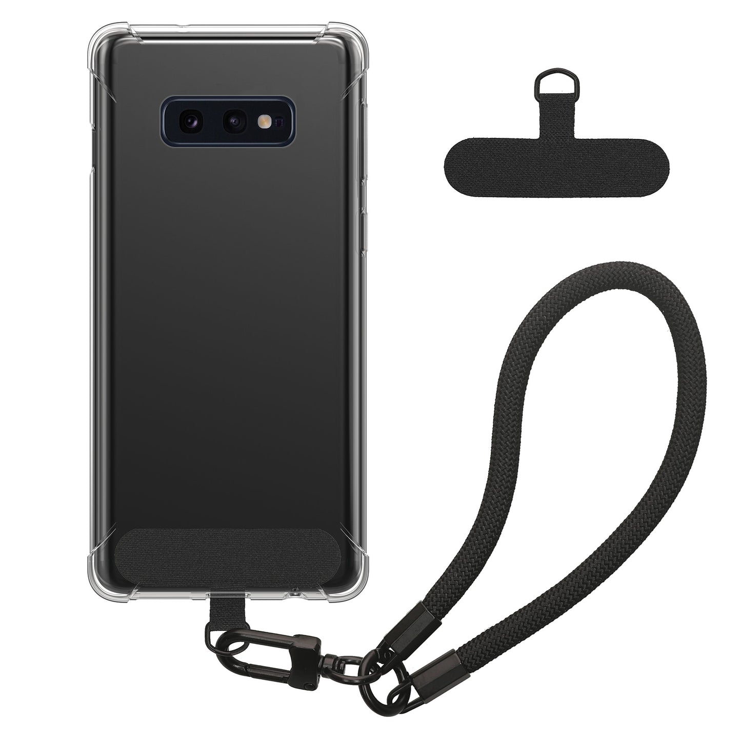 kwmobile Handy TPU Case kompatibel mit Samsung Galaxy S10e Hülle - Kristallklare Schutzhülle mit Kantenschutz und abnehmbarem Armband inkl. 2 Pads - Transparent Schwarz Transparent  