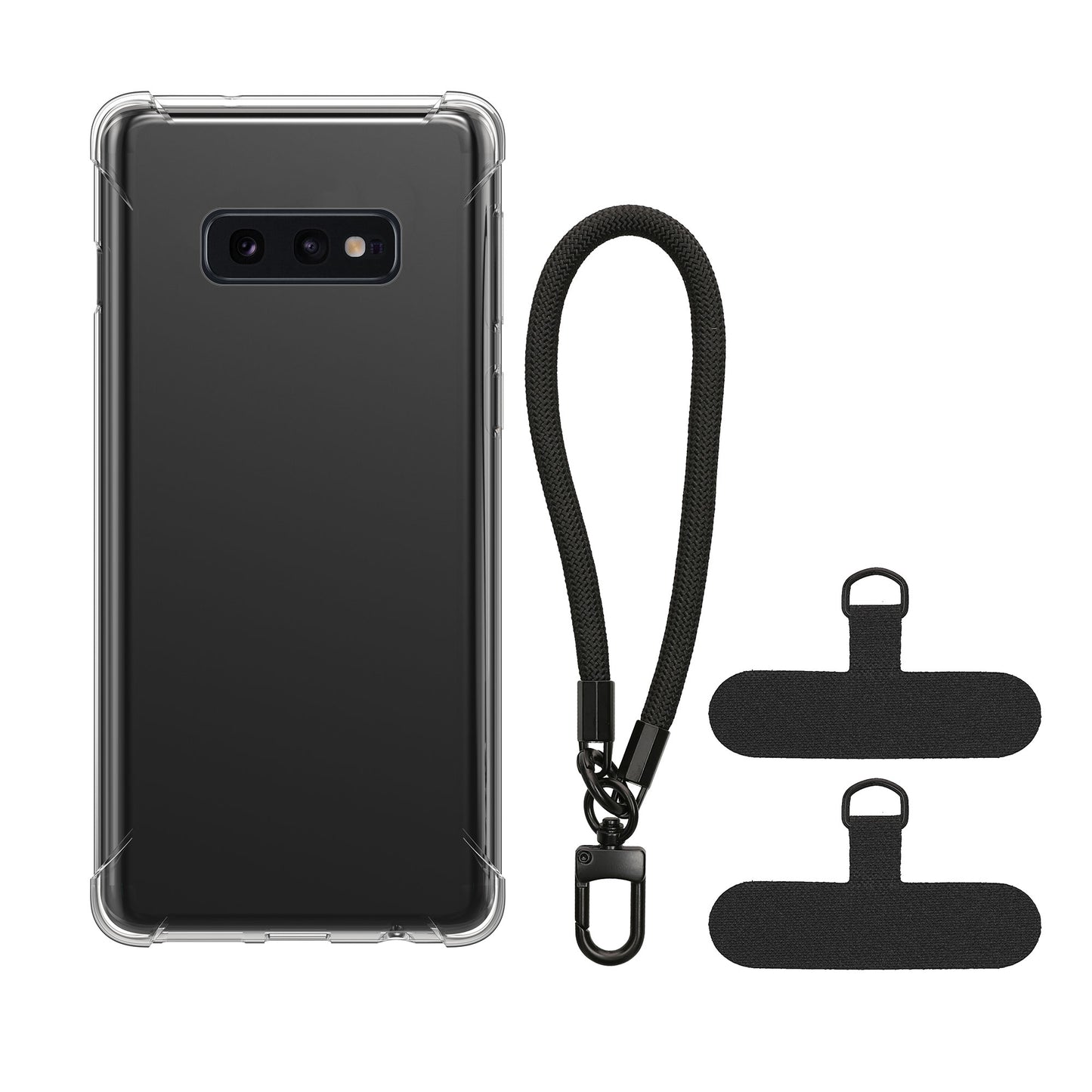 kwmobile Handy TPU Case kompatibel mit Samsung Galaxy S10e Hülle - Kristallklare Schutzhülle mit Kantenschutz und abnehmbarem Armband inkl. 2 Pads - Transparent Schwarz
