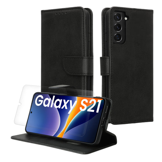 kwmobile Kunstleder Handyhülle kompatibel mit Samsung Galaxy S21 Hülle - Brieftaschen Schutzhülle aus PU-Leder mit Displayschutz und RFID-Schutz - Schwarz Schwarz  