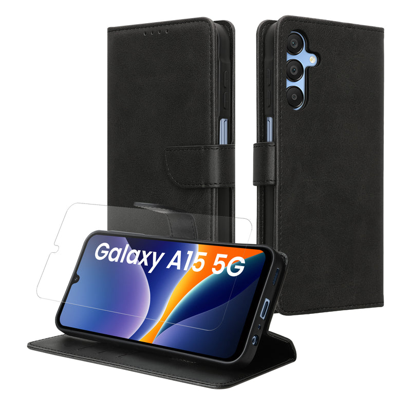 kwmobile Kunstleder Handyhülle kompatibel mit Samsung Galaxy A15 5G Hülle - Brieftaschen Schutzhülle aus PU-Leder mit Displayschutz und RFID-Schutz - Schwarz Schwarz  