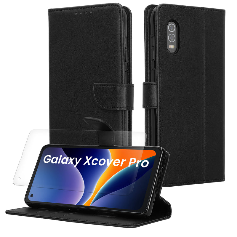 kwmobile Kunstleder Handyhülle kompatibel mit Samsung Galaxy Xcover Pro Hülle - Brieftaschen Schutzhülle aus PU-Leder mit Displayschutz und RFID-Schutz - Schwarz Schwarz  