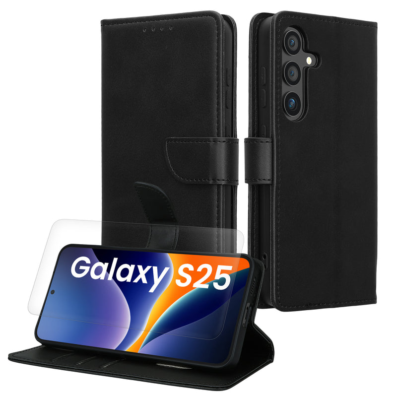 kwmobile Kunstleder Handyhülle kompatibel mit Samsung Galaxy S25 Hülle - Brieftaschen Schutzhülle aus PU-Leder mit Displayschutz und RFID-Schutz - Schwarz Schwarz  