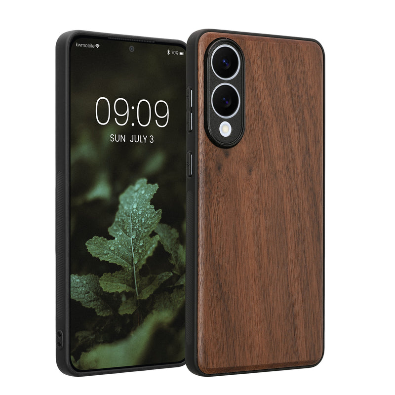 kwmobile Hülle kompatibel mit Samsung Galaxy S25 Edge Hülle - Holz Case - stoßfestes Handy Cover - TPU Handyhülle in Dunkelbraun Holz Dunkelbraun  