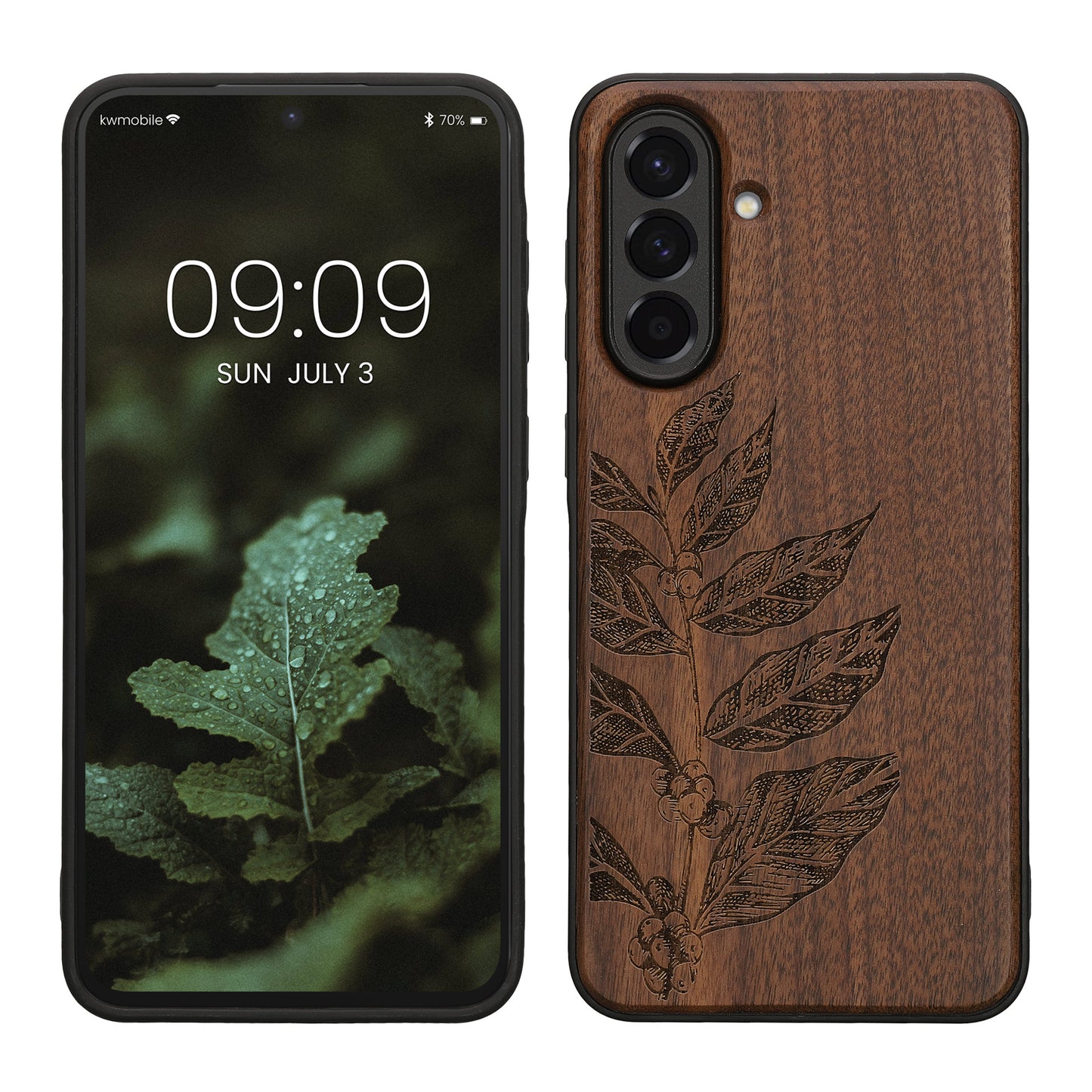 kwmobile Hülle kompatibel mit Samsung Galaxy A56 5G Hülle - Holz Case - Handy Cover - TPU Handyhülle in Dunkelbraun Blätterzweig Dunkelbraun  [dsg03]