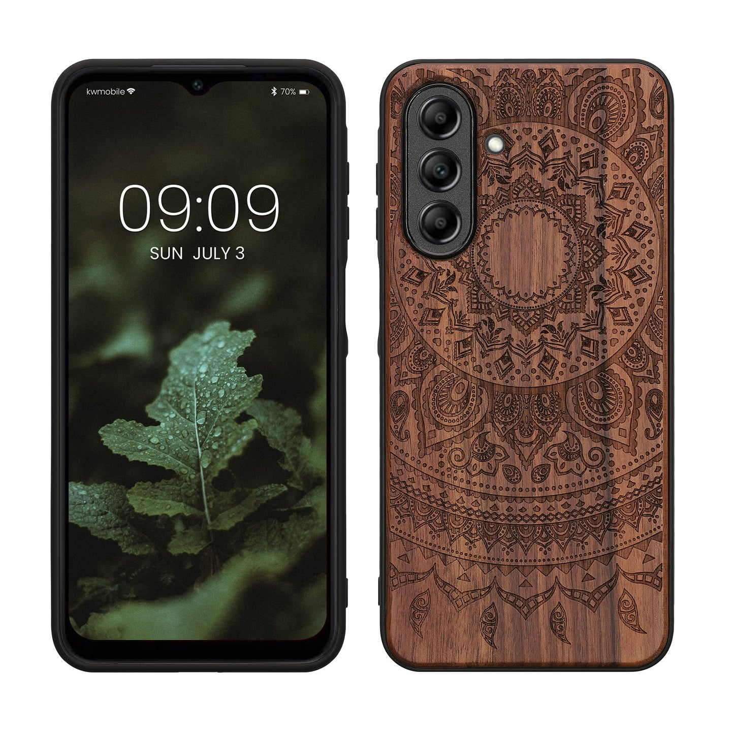 kwmobile Hülle kompatibel mit Samsung Galaxy A26 5G Hülle - Holz Case - Handy Cover - TPU Handyhülle in Dunkelbraun Indische Sonne Dunkelbraun  [dsg02]