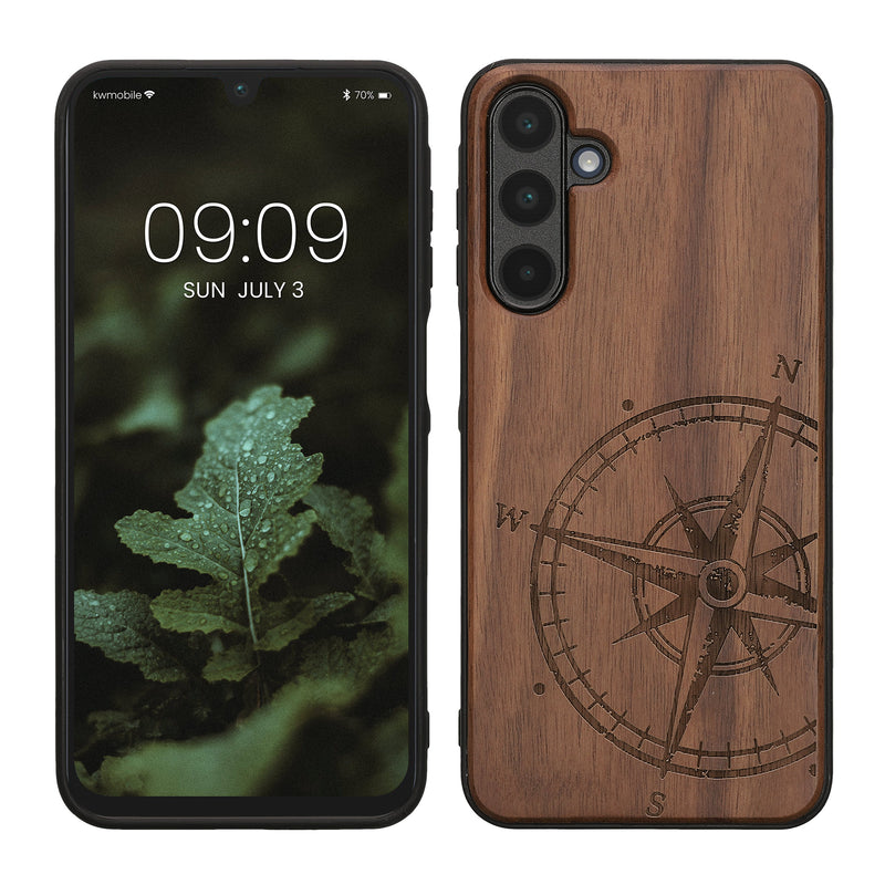 kwmobile Hülle kompatibel mit Samsung Galaxy A16 5G Hülle - Holz Case - Handy Cover - TPU Handyhülle in Dunkelbraun Kompass Vintage Dunkelbraun  [dsg01]