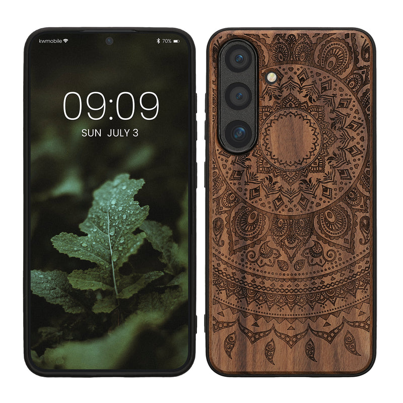 kwmobile Hülle kompatibel mit Samsung Galaxy S25 Hülle - Holz Case - Handy Cover - TPU Handyhülle in Dunkelbraun Indische Sonne Dunkelbraun  [dsg02]