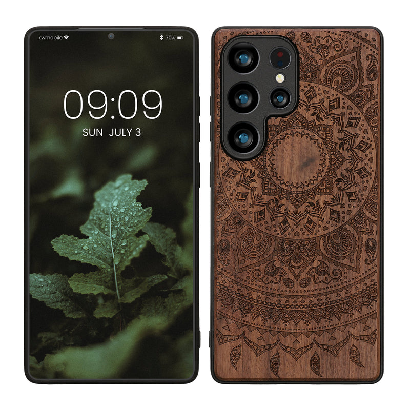 kwmobile Hülle kompatibel mit Samsung Galaxy S25 Ultra Hülle - Holz Case - Handy Cover - TPU Handyhülle in Dunkelbraun Indische Sonne Dunkelbraun  [dsg02]