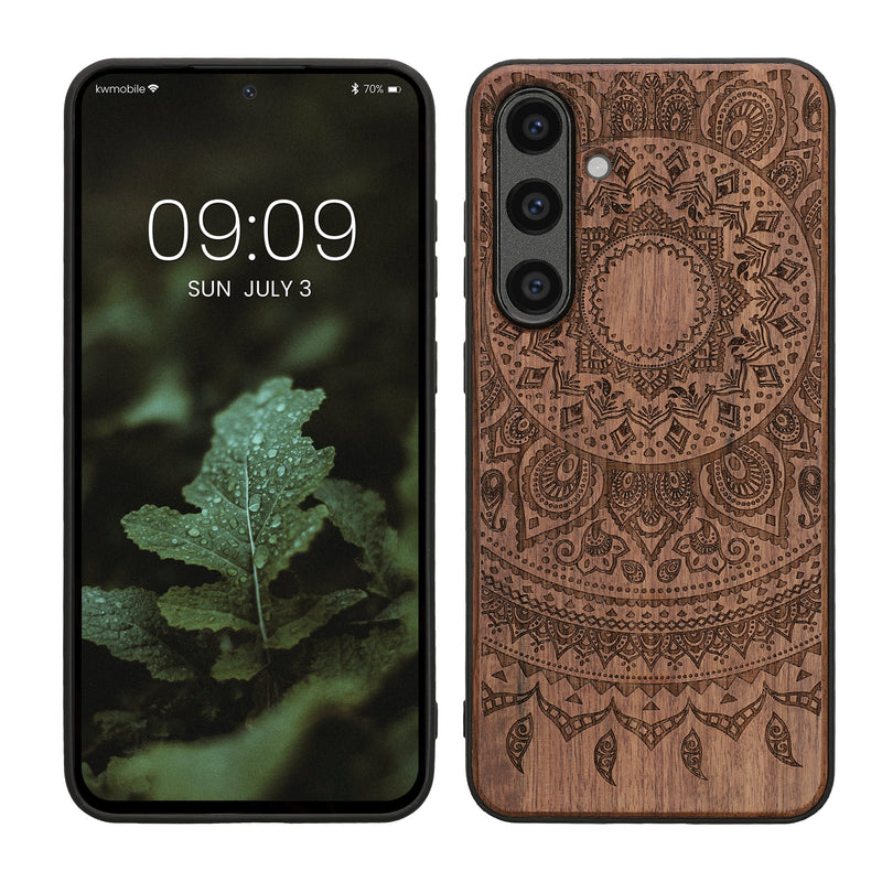 kwmobile Hülle kompatibel mit Samsung Galaxy S24 FE Hülle - Holz Case - Handy Cover - TPU Handyhülle in Dunkelbraun Indische Sonne Dunkelbraun  [dsg02]