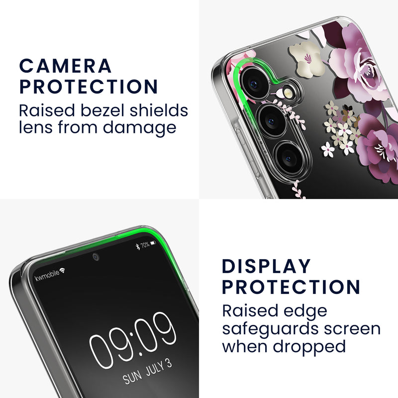 kwmobile Hülle kompatibel mit Samsung Galaxy A55 5G Handyhülle - Silikon Case transparent - Mit Glas Schutzfolie - Blumenblüten und Rosen Transparent