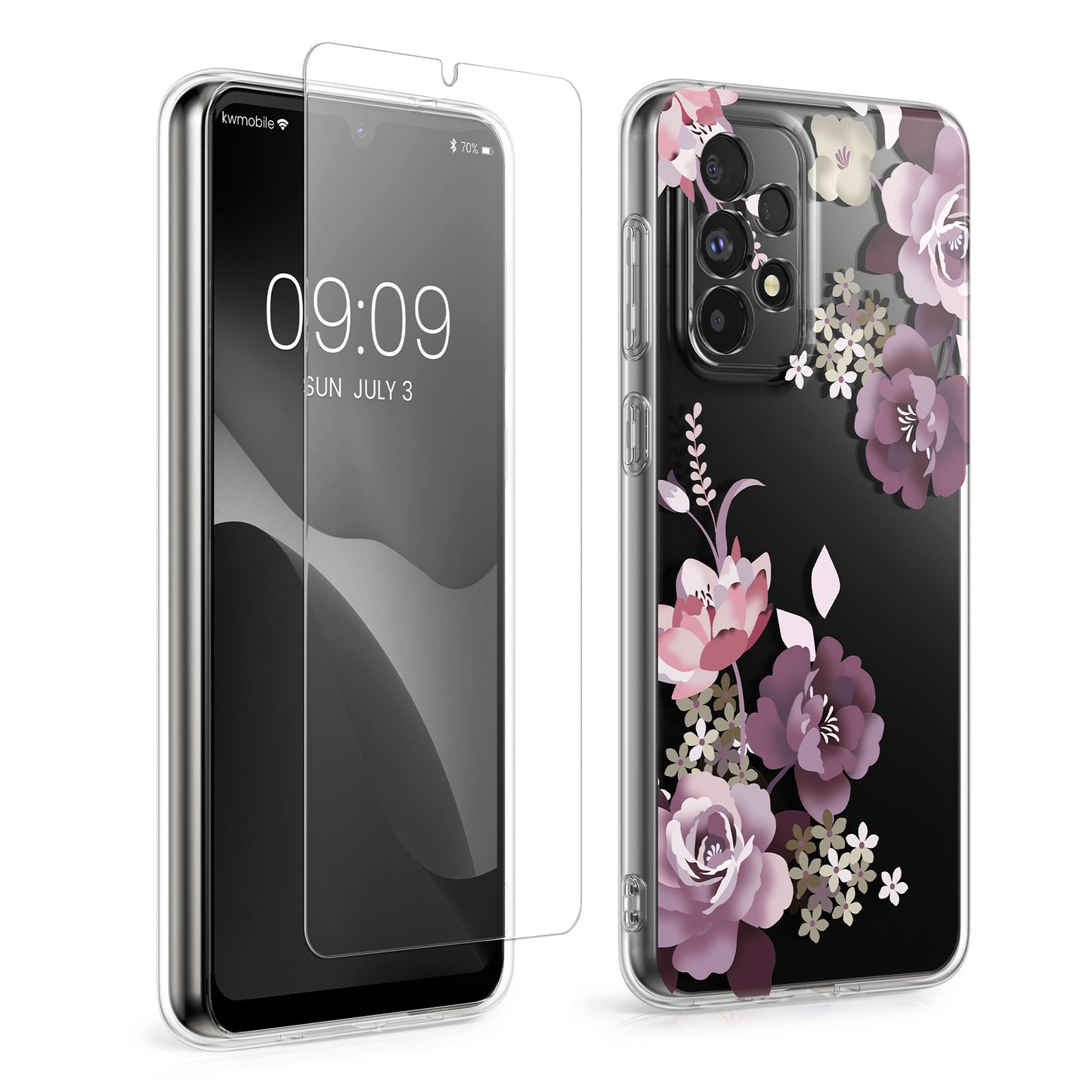 kwmobile Hülle kompatibel mit Samsung Galaxy A33 5G Handyhülle - Silikon Case transparent - Mit Glas Schutzfolie - Blumenblüten und Rosen Pastelllila Transparent Pastelllila  [dsg01]