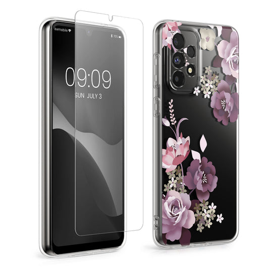 kwmobile Hülle kompatibel mit Samsung Galaxy A33 5G Handyhülle - Silikon Case transparent - Mit Glas Schutzfolie - Blumenblüten und Rosen Pastelllila Transparent Pastelllila  [dsg01]