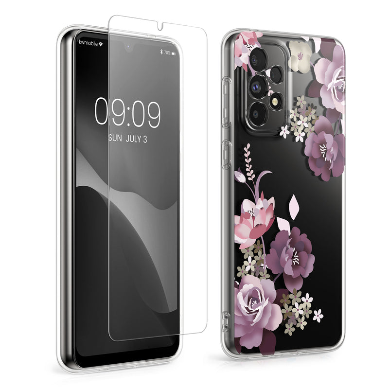 kwmobile Hülle kompatibel mit Samsung Galaxy A33 5G Handyhülle - Silikon Case transparent - Mit Glas Schutzfolie - Blumenblüten und Rosen Pastelllila Transparent Pastelllila  [dsg01]