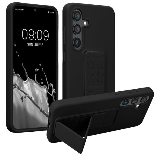 kwmobile Handyhülle kompatibel mit Samsung Galaxy S24 - Hülle mit Fingerhalter und Standfunktion - Silikon Case Handy Cover in Schwarz Schwarz  