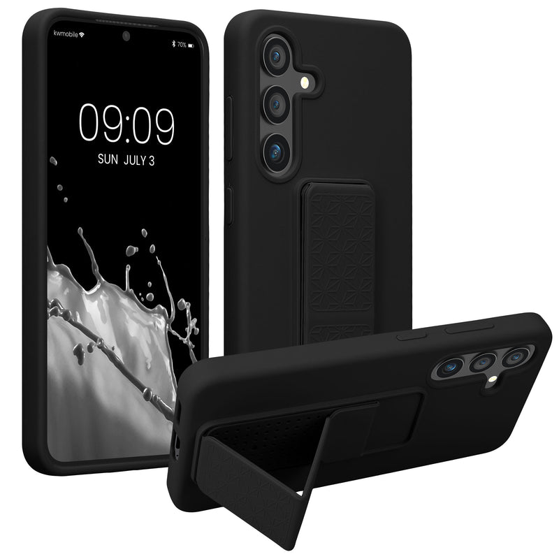 kwmobile Handyhülle kompatibel mit Samsung Galaxy S24 - Hülle mit Fingerhalter und Standfunktion - Silikon Case Handy Cover in Schwarz Schwarz  