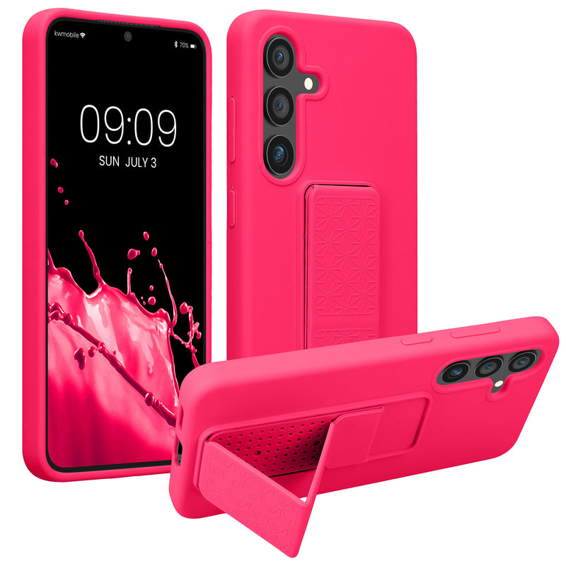kwmobile Handyhülle kompatibel mit Samsung Galaxy S24 - Hülle mit Fingerhalter und Standfunktion - Silikon Case Handy Cover in Neon Pink Neon Pink  