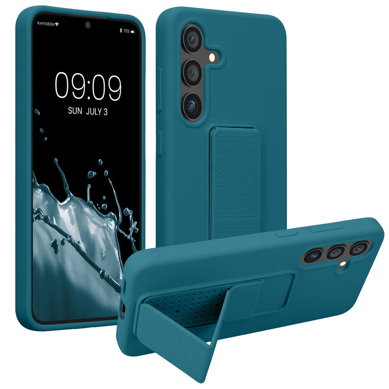 kwmobile Handyhülle kompatibel mit Samsung Galaxy S24 - Hülle mit Fingerhalter und Standfunktion - Silikon Case Handy Cover in Petrol matt Petrol matt  