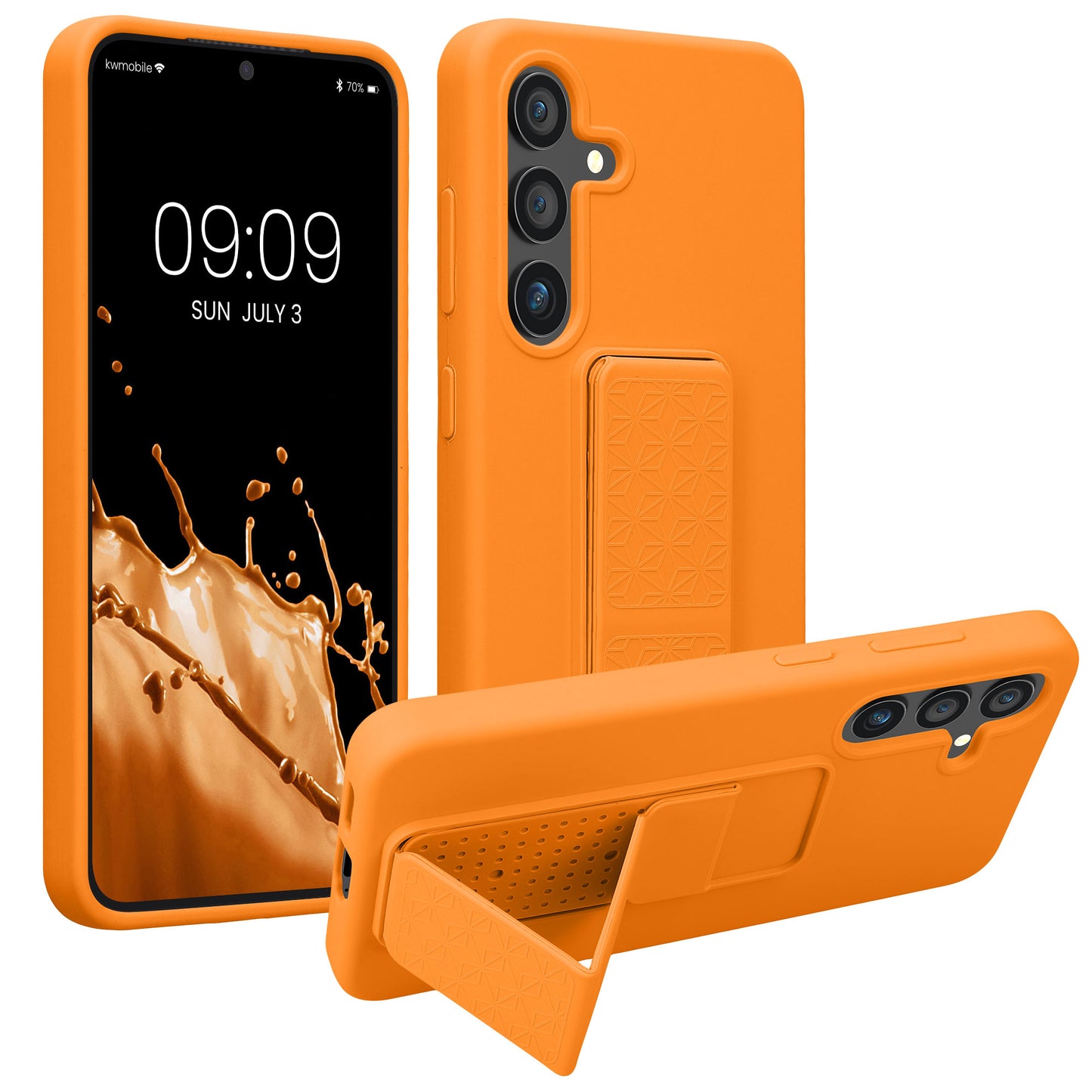 kwmobile Handyhülle kompatibel mit Samsung Galaxy S24 - Hülle mit Fingerhalter und Standfunktion - Silikon Case Handy Cover in Fruity Orange Fruity Orange  