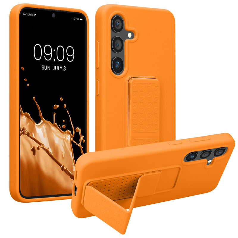 kwmobile Handyhülle kompatibel mit Samsung Galaxy S24 - Hülle mit Fingerhalter und Standfunktion - Silikon Case Handy Cover in Fruity Orange Fruity Orange  