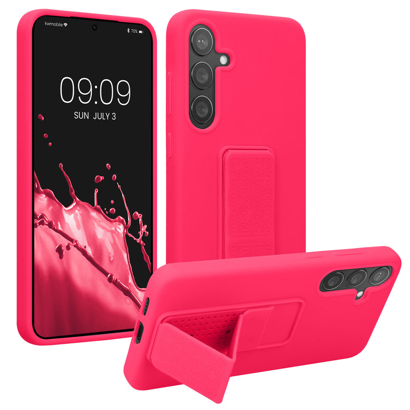 kwmobile Handyhülle kompatibel mit Samsung Galaxy S24 Plus - Hülle mit Fingerhalter und Standfunktion - Silikon Case Handy Cover in Neon Pink Neon Pink  