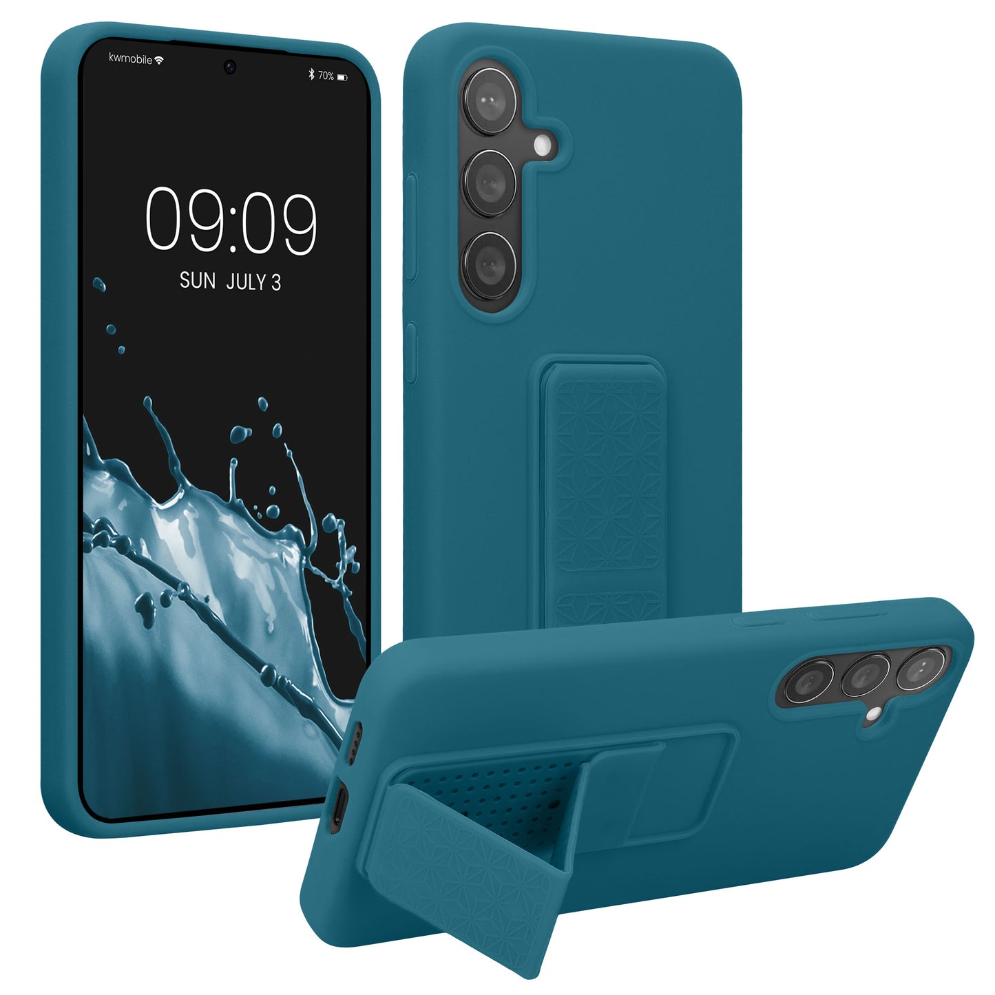 kwmobile Handyhülle kompatibel mit Samsung Galaxy S24 Plus - Hülle mit Fingerhalter und Standfunktion - Silikon Case Handy Cover in Petrol matt Petrol matt  