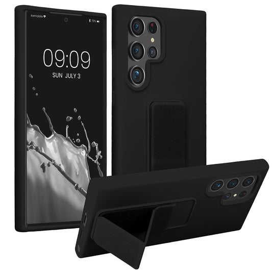 kwmobile Handyhülle kompatibel mit Samsung Galaxy S24 Ultra - Hülle mit Fingerhalter und Standfunktion - Silikon Case Handy Cover in Schwarz Schwarz  