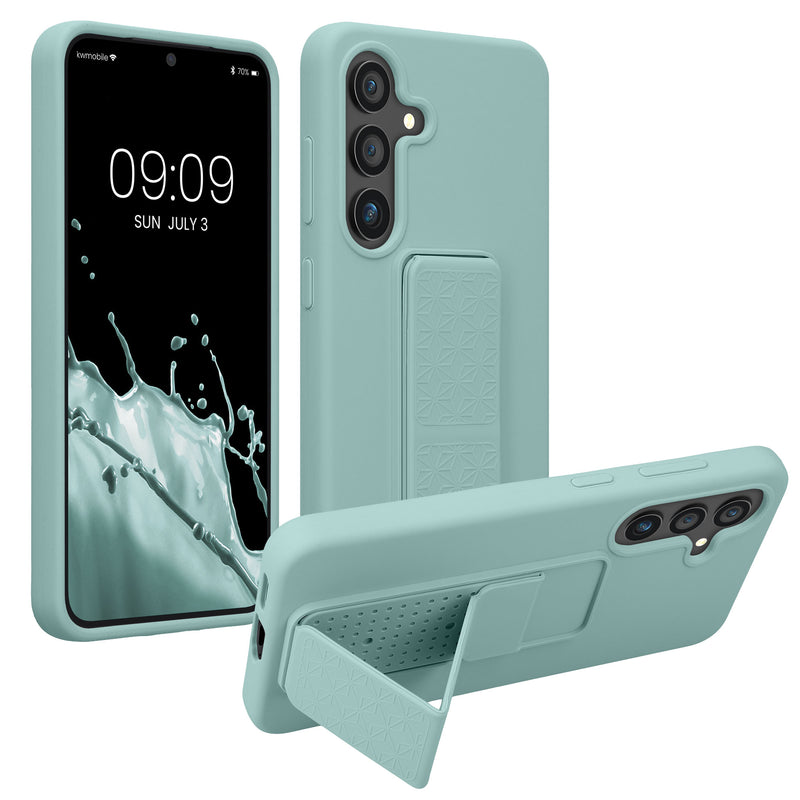 kwmobile Handyhülle kompatibel mit Samsung Galaxy S25 - Hülle mit Fingerhalter und Standfunktion - Silikon Case Handy Cover in Mintgrün Mintgrün  