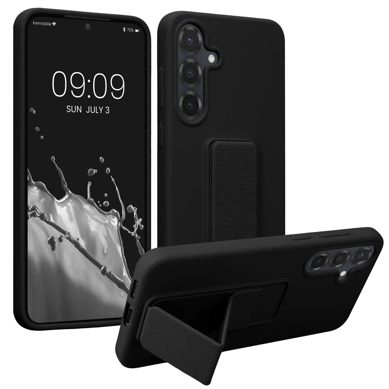 kwmobile Handyhülle kompatibel mit Samsung Galaxy S25 Plus - Hülle mit Fingerhalter und Standfunktion - Silikon Case Handy Cover in Schwarz Schwarz  