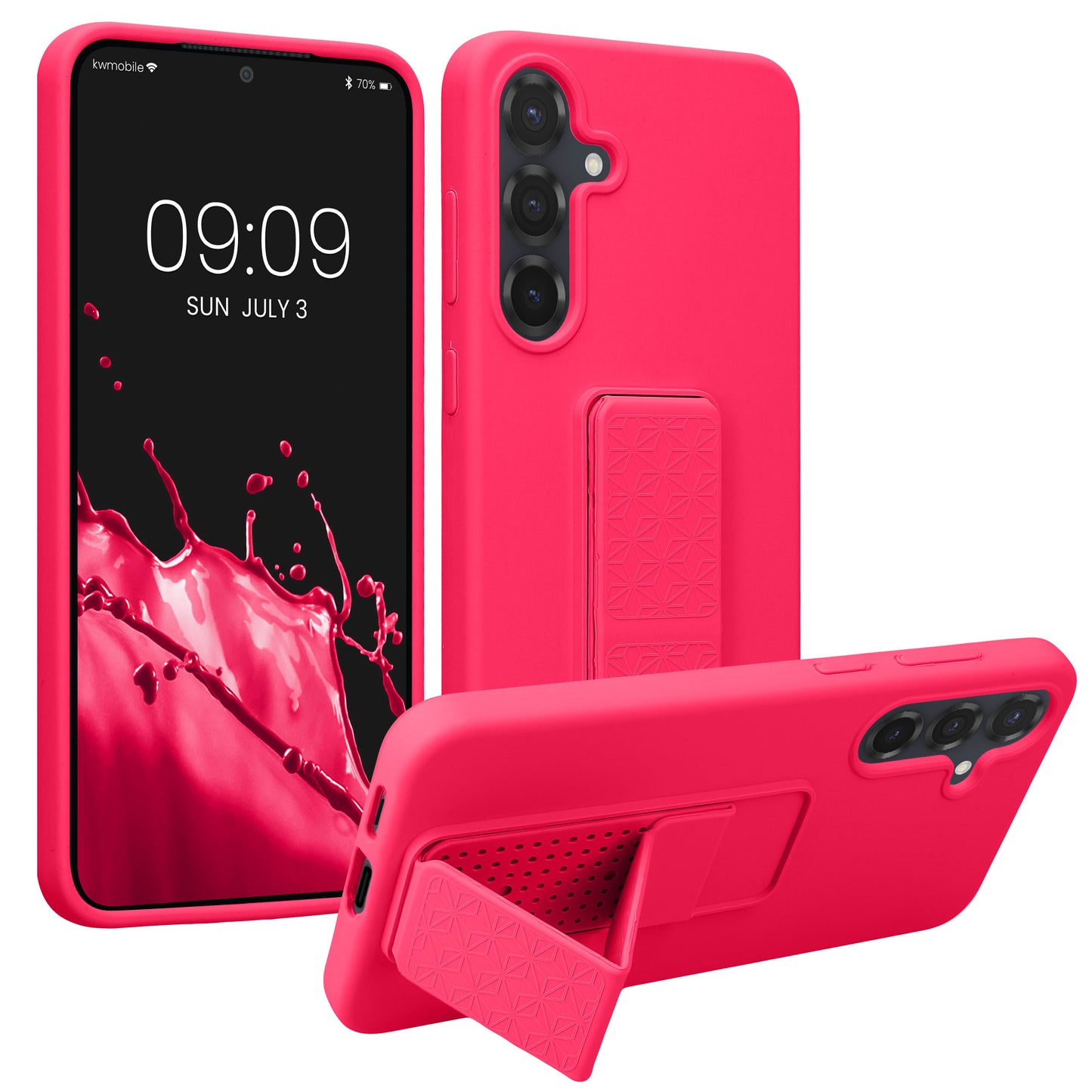 kwmobile Handyhülle kompatibel mit Samsung Galaxy S25 Plus - Hülle mit Fingerhalter und Standfunktion - Silikon Case Handy Cover in Neon Pink Neon Pink  