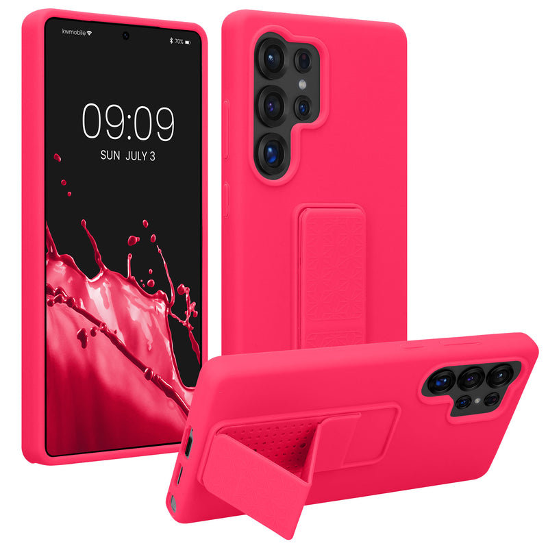 kwmobile Handyhülle kompatibel mit Samsung Galaxy S25 Ultra - Hülle mit Fingerhalter und Standfunktion - Silikon Case Handy Cover in Neon Pink Neon Pink  